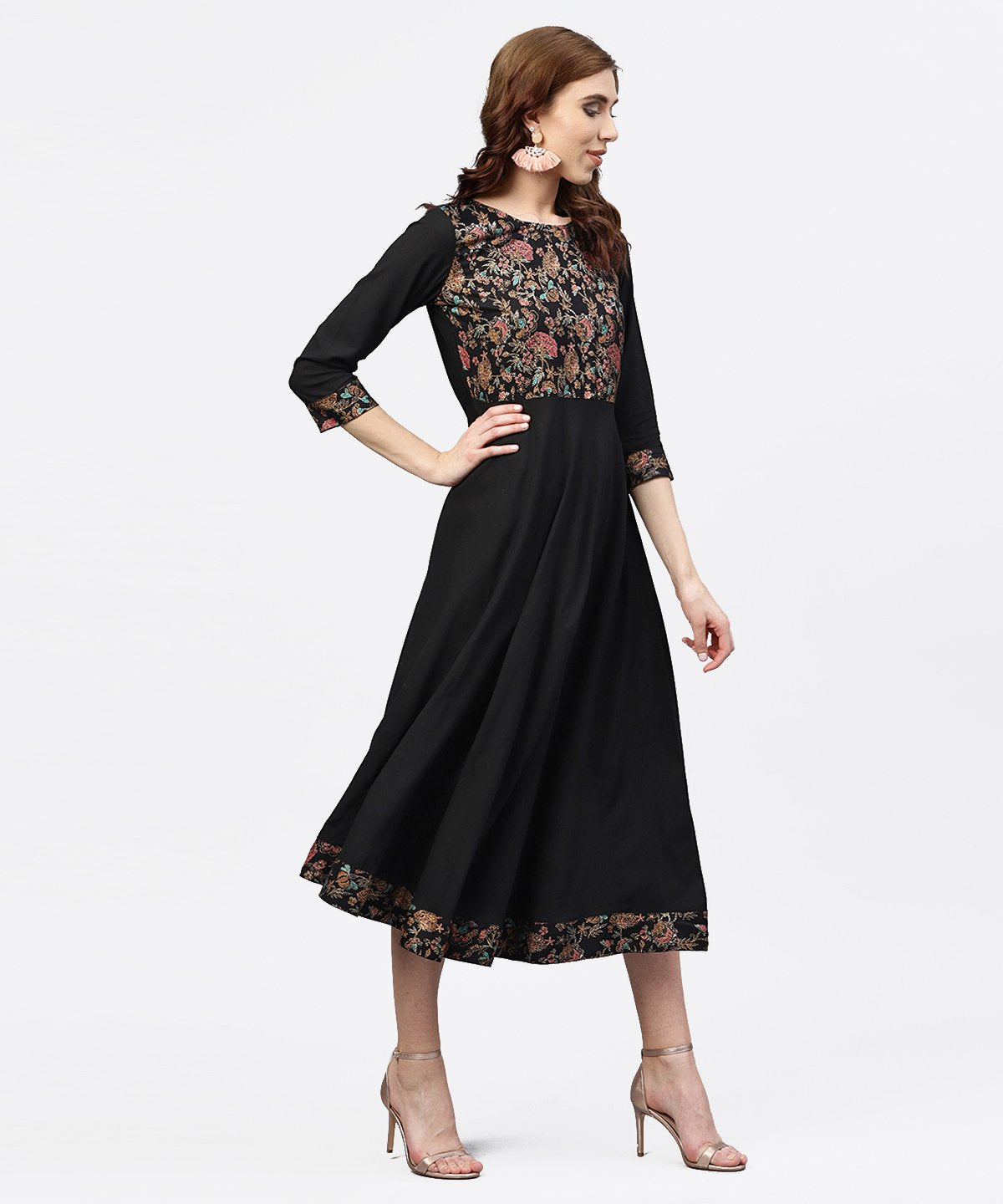 NOZ2TOZ Black Printed Maxi Dress With Round Neck And Full Sleeves - Distacart