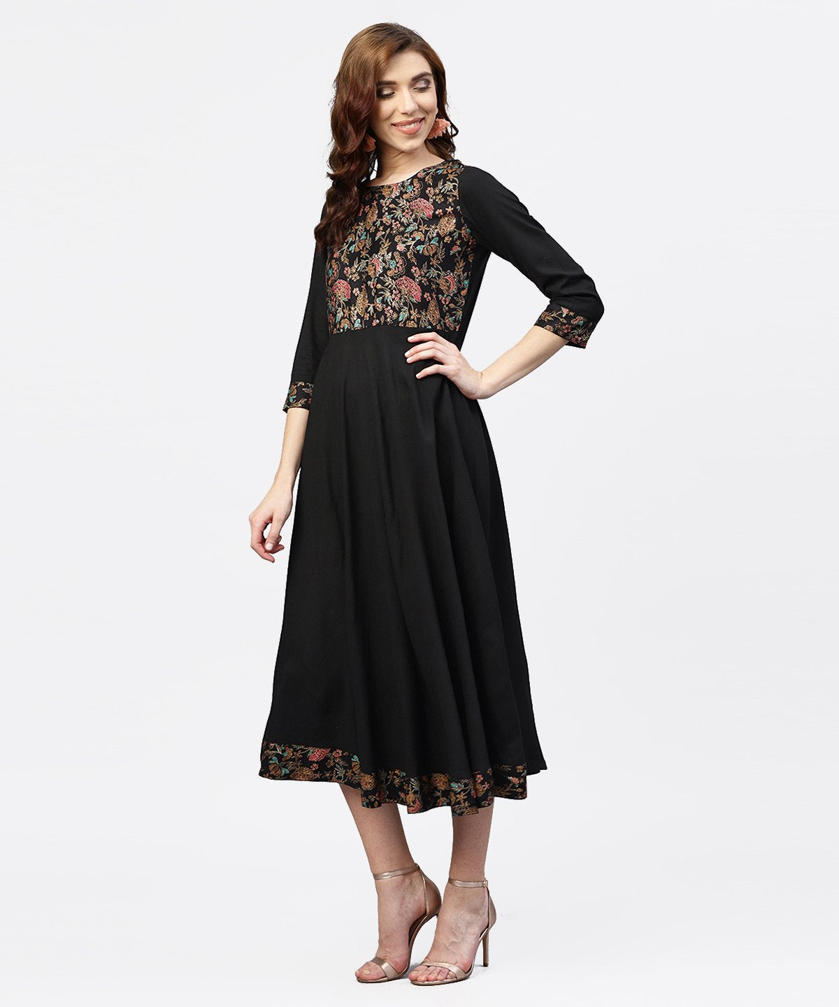 NOZ2TOZ Black Printed Maxi Dress With Round Neck And Full Sleeves - Distacart