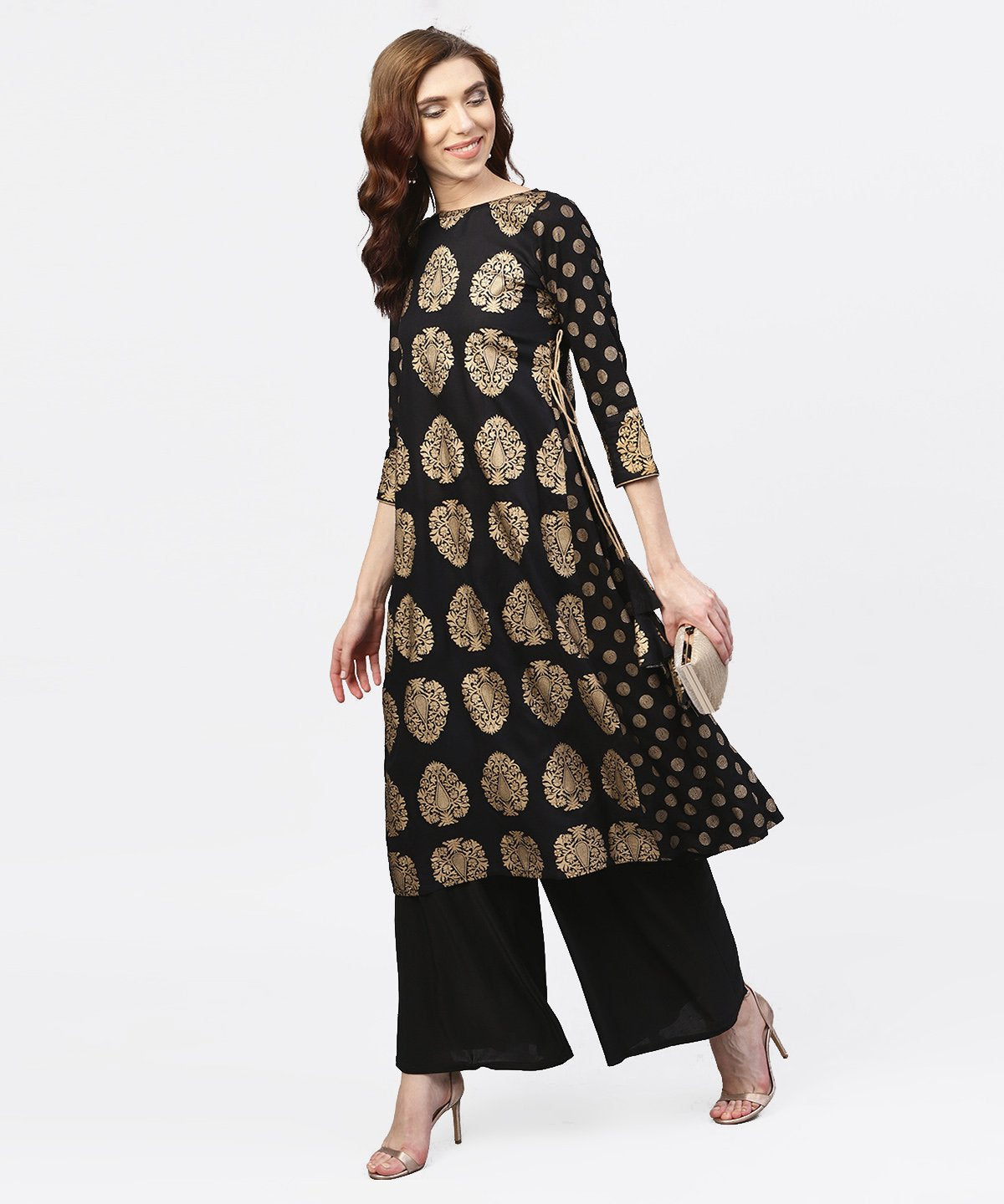 NOZ2TOZ Black And Gold Printed Kurta With Round Neck And Full Sleeves - Distacart