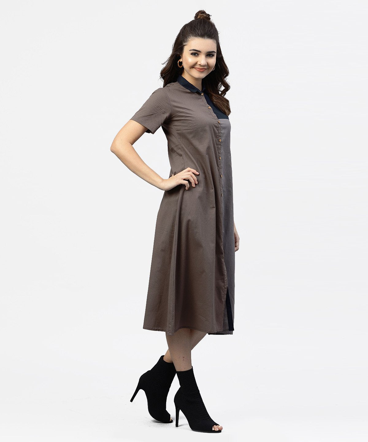NOZ2TOZ Grey And Blue Color Blocking A-Line Dress With Shirt Collar And Half Sleeves - Distacart