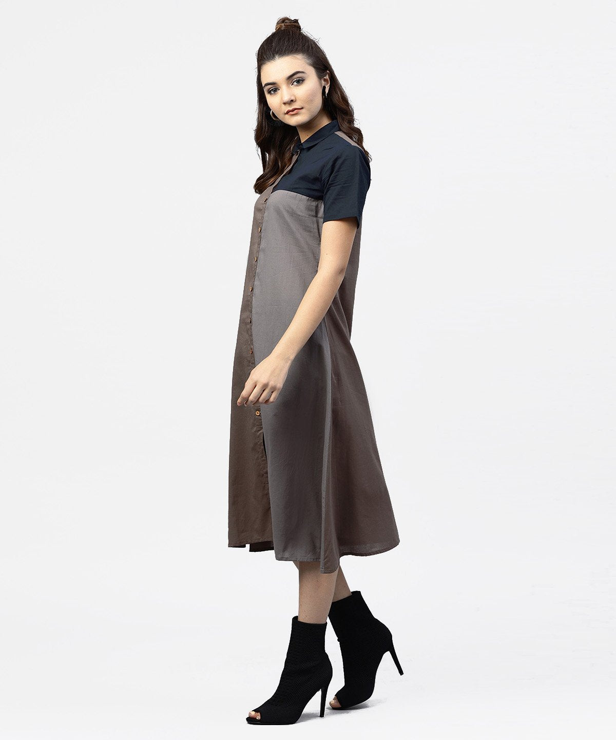 NOZ2TOZ Grey And Blue Color Blocking A-Line Dress With Shirt Collar And Half Sleeves - Distacart