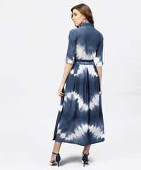 Thumbnail for NOZ2TOZ Navy Blue 3/4th Sleeve Tie Dye Printed Cotton A-Line Maxi Dress With Belt - Distacart