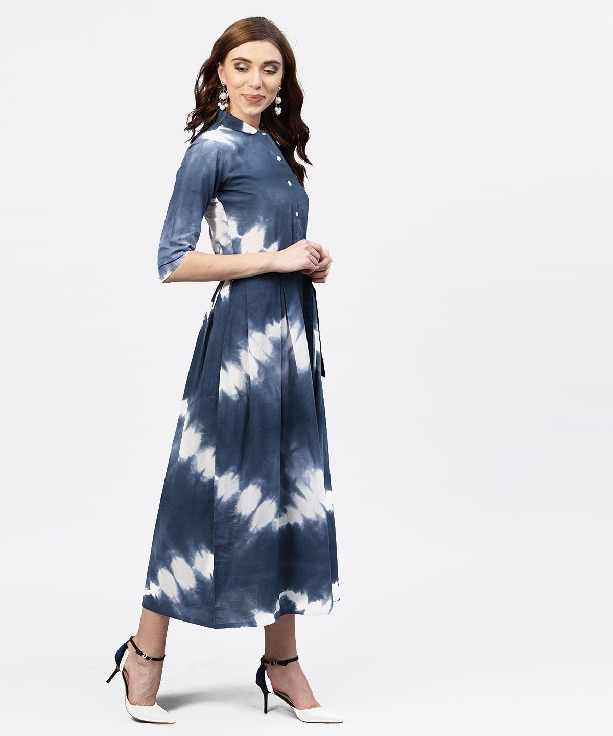 NOZ2TOZ Navy Blue 3/4th Sleeve Tie Dye Printed Cotton A-Line Maxi Dress With Belt - Distacart