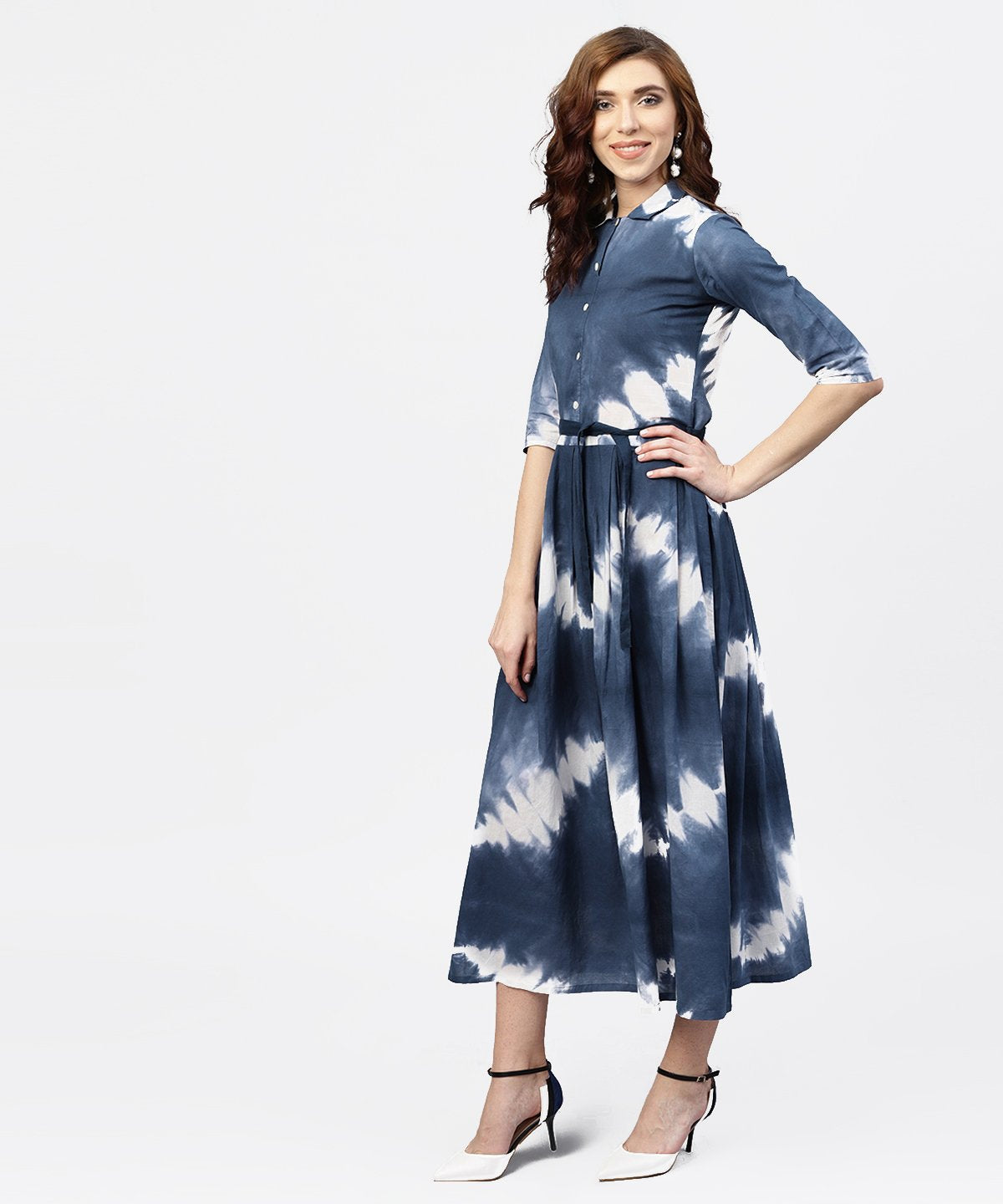 NOZ2TOZ Navy Blue 3/4th Sleeve Tie Dye Printed Cotton A-Line Maxi Dress With Belt - Distacart