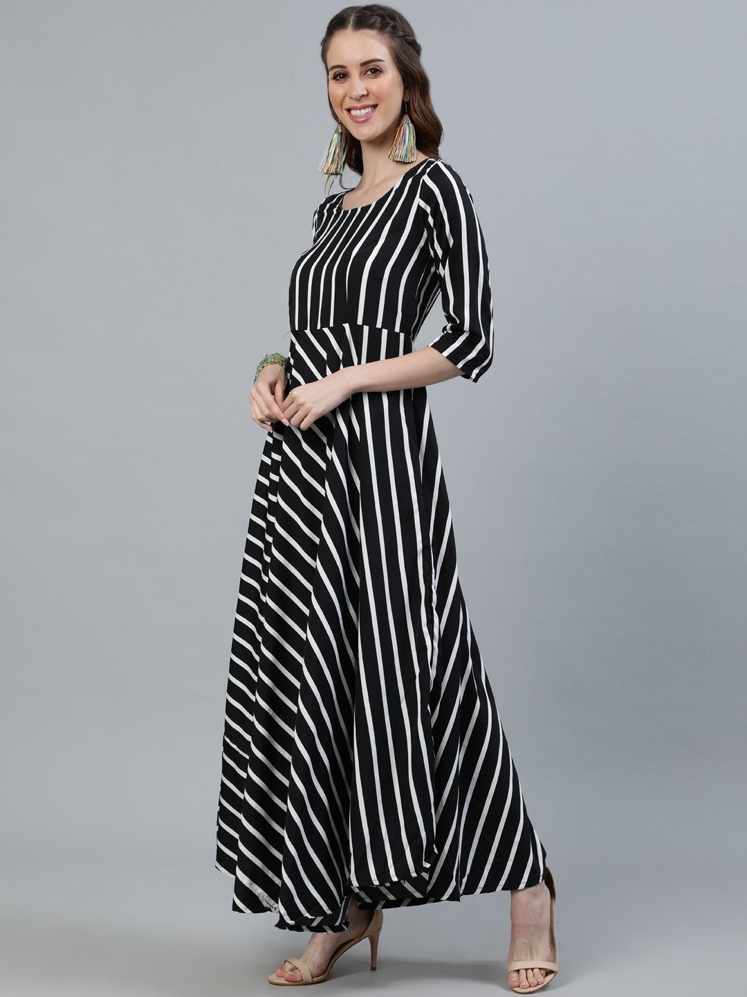 NOZ2TOZ Women Black Striped Maxi Dress With Three Quarter Sleeves - Distacart