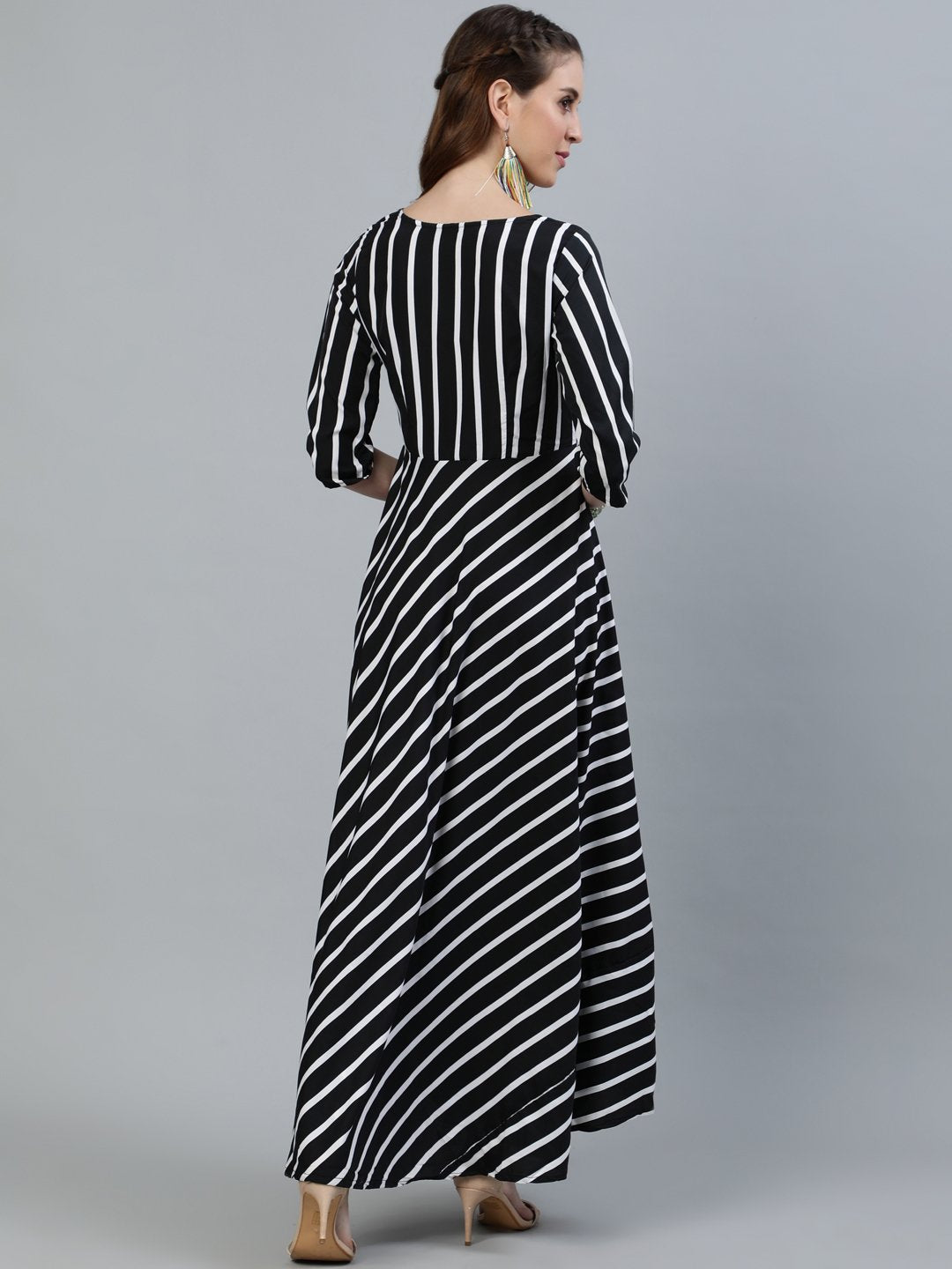NOZ2TOZ Women Black Striped Maxi Dress With Three Quarter Sleeves - Distacart