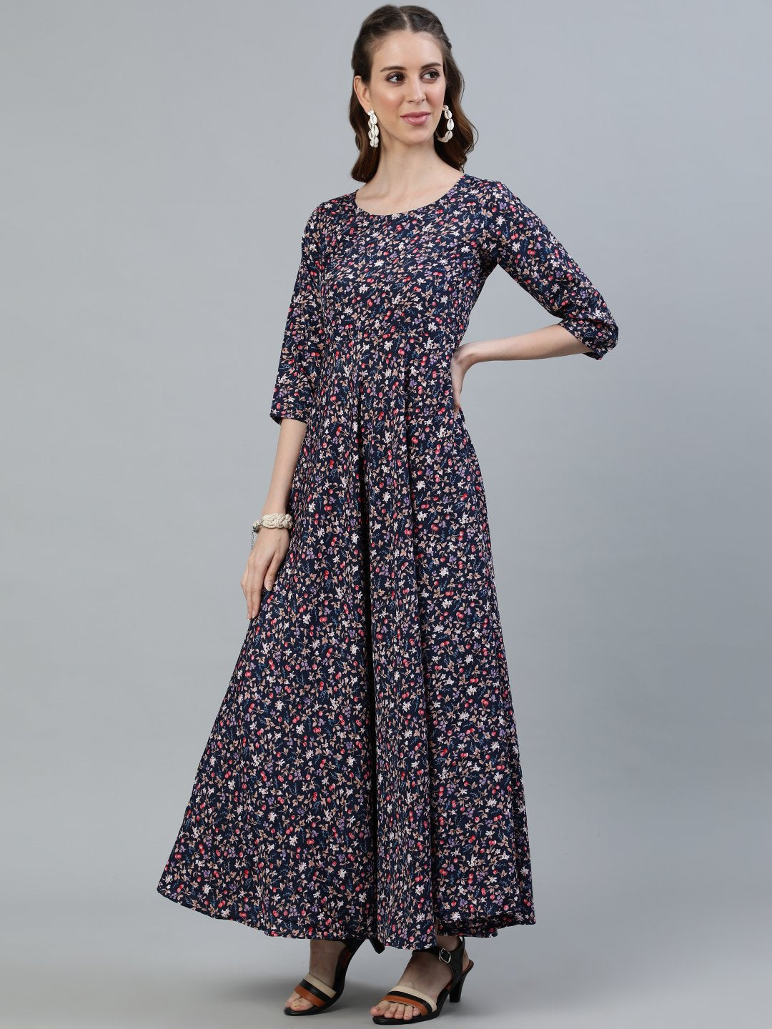 NOZ2TOZ Women Blue Floral Printed Maxi Dress With Three Quarter Sleeves - Distacart