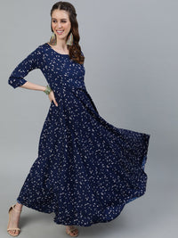 Thumbnail for NOZ2TOZ Women Navy Blue Printed Maxi Dress With Three Quarter Sleeves - Distacart