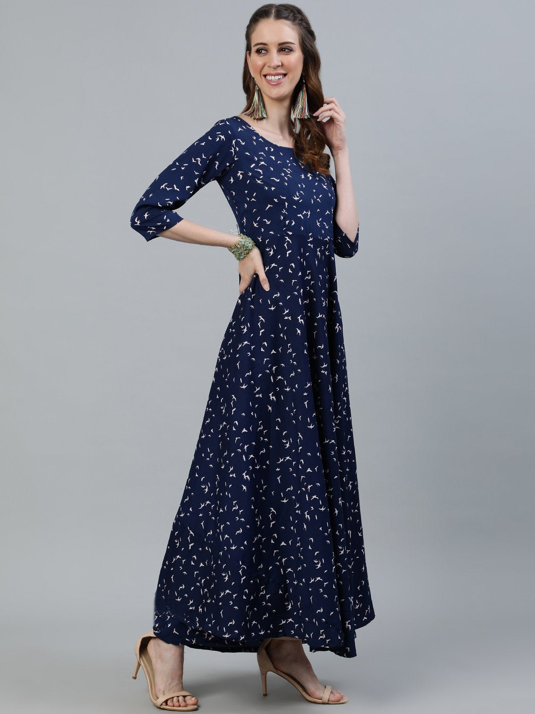 NOZ2TOZ Women Navy Blue Printed Maxi Dress With Three Quarter Sleeves - Distacart