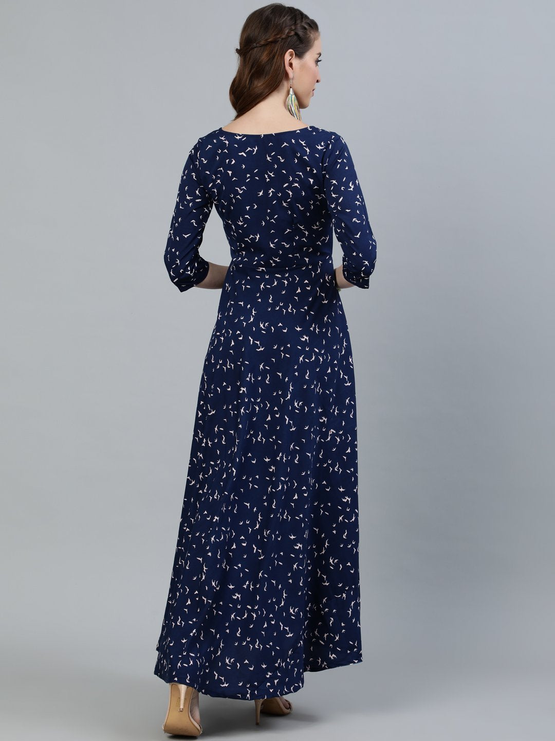 NOZ2TOZ Women Navy Blue Printed Maxi Dress With Three Quarter Sleeves - Distacart