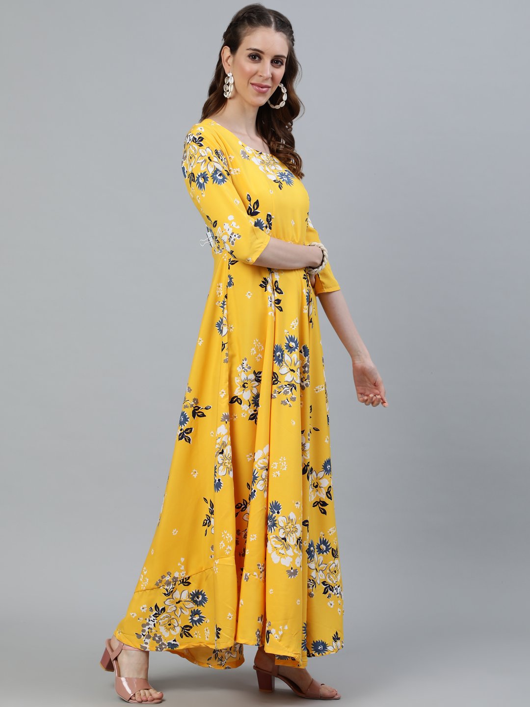 NOZ2TOZ Women Yellow Printed Maxi Dress With Three Quarter Sleeves - Distacart