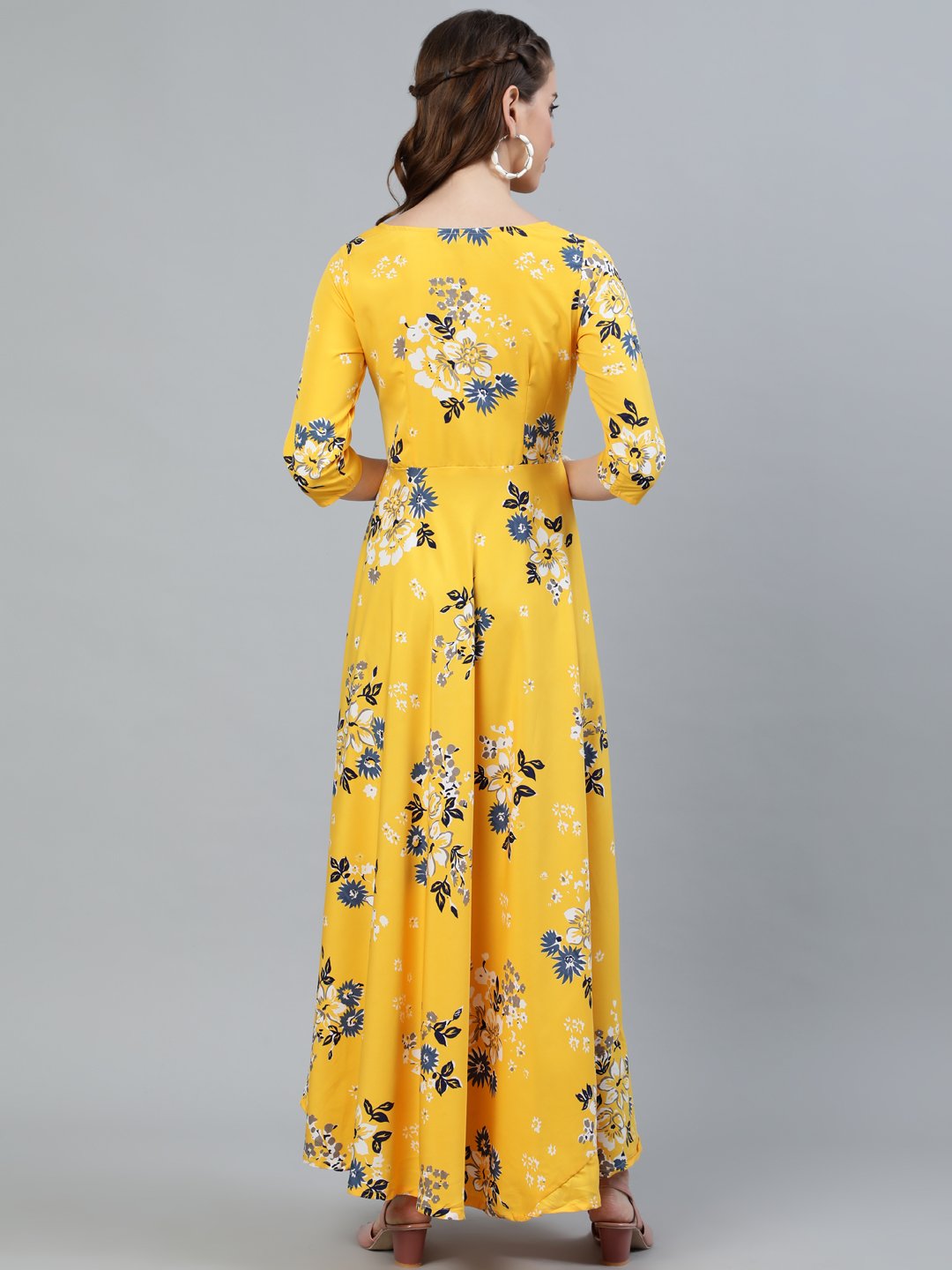 NOZ2TOZ Women Yellow Printed Maxi Dress With Three Quarter Sleeves - Distacart