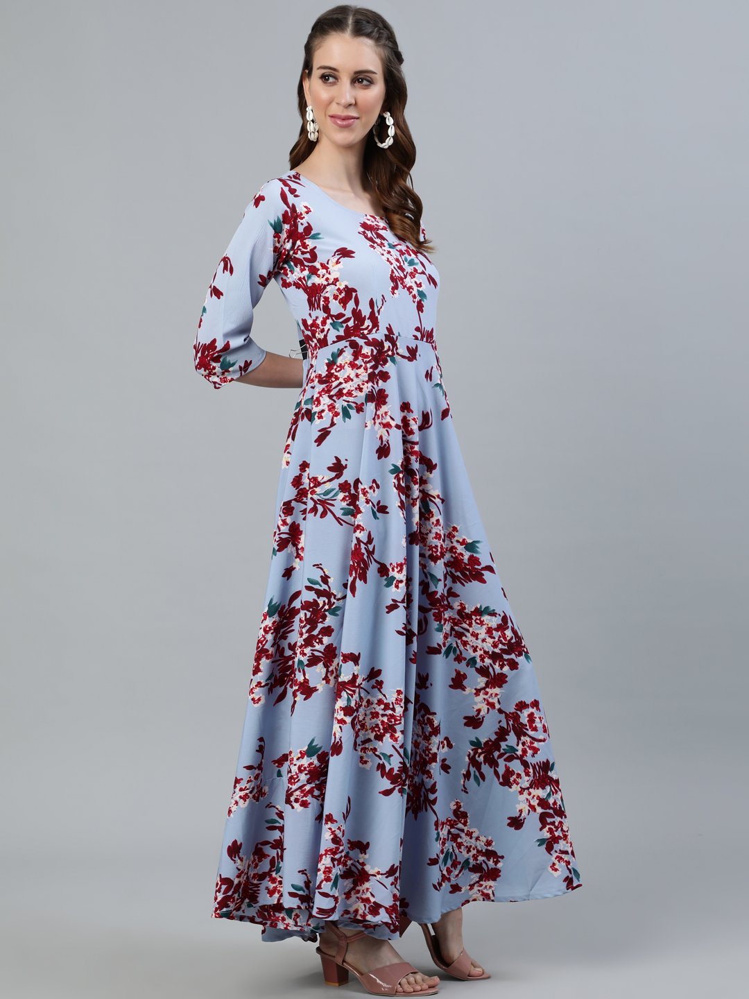 NOZ2TOZ Women Blue Floral Printed Maxi Dress With Three Quarter Sleeves - Distacart