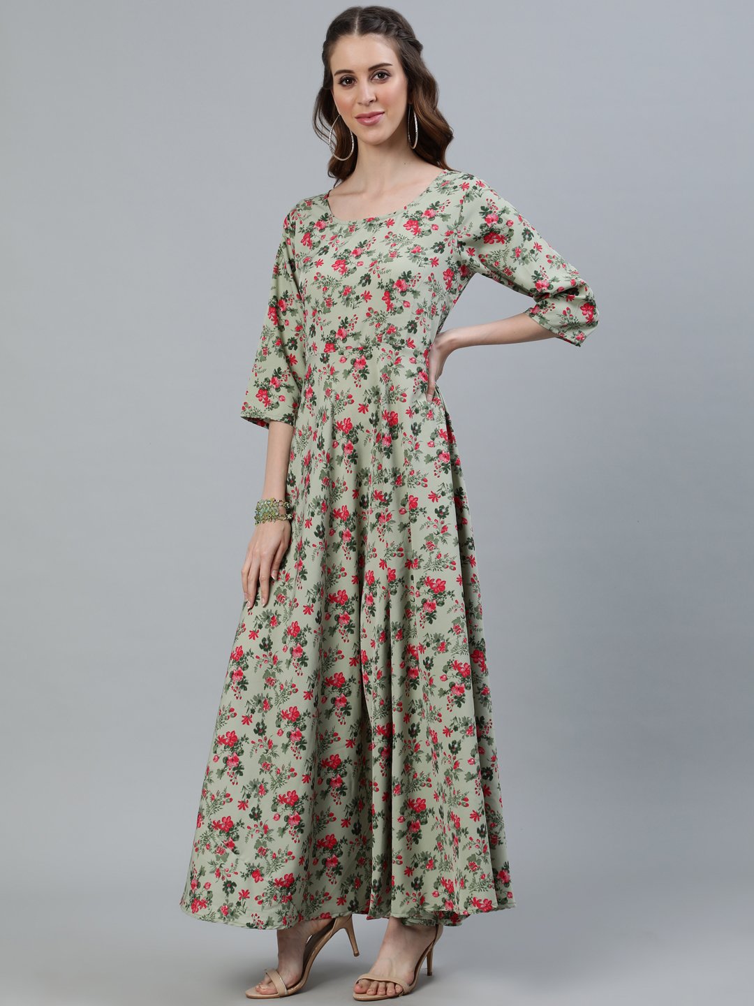 NOZ2TOZ Women Green Floral Printed Maxi Dress With Three Quarter Sleeves - Distacart