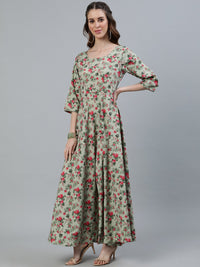 Thumbnail for NOZ2TOZ Women Green Floral Printed Maxi Dress With Three Quarter Sleeves - Distacart