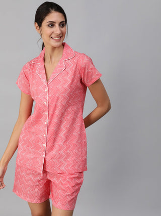 NOZ2TOZ Women Pink ZIg-Zac Printed Night Suit - Distacart