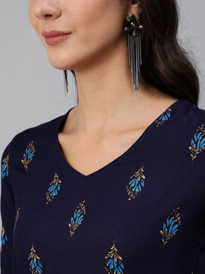 NOZ2TOZ Women Navy Blue & Gold Printed Straight Kurta With Three Quarter sleeves - Distacart