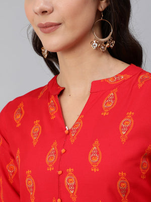 NOZ2TOZ Women Red & Gold Toned Ethnic Motifs Printed Straight Kurta - Distacart