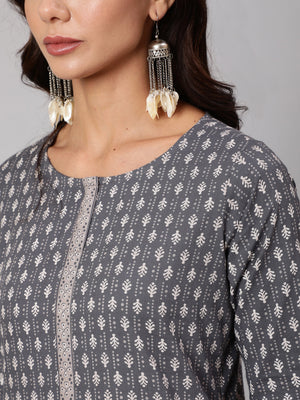 NOZ2TOZ Women Grey Printed Straight Kurta With Three Quarter Sleeves - Distacart