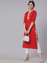 Thumbnail for Wahe-NOOR Women Red Printed Straight kurta With Three Quarter Sleeves - Distacart