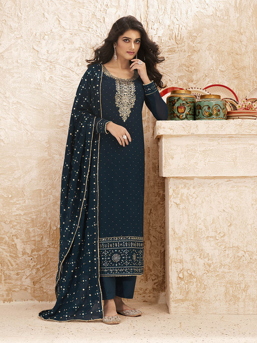 Myra Teal Blue Emboidered Georgette Pant Style Suit - Distacart