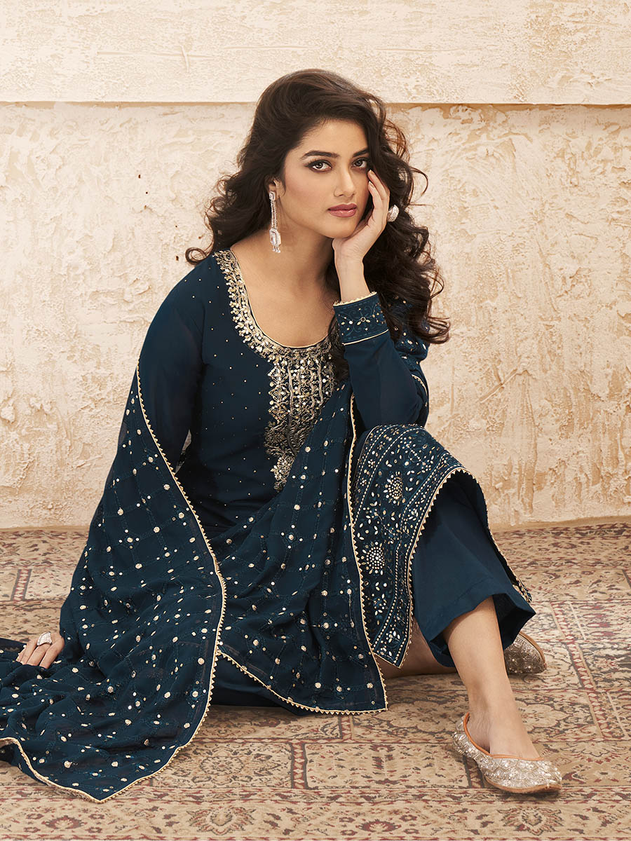 Myra Teal Blue Emboidered Georgette Pant Style Suit - Distacart