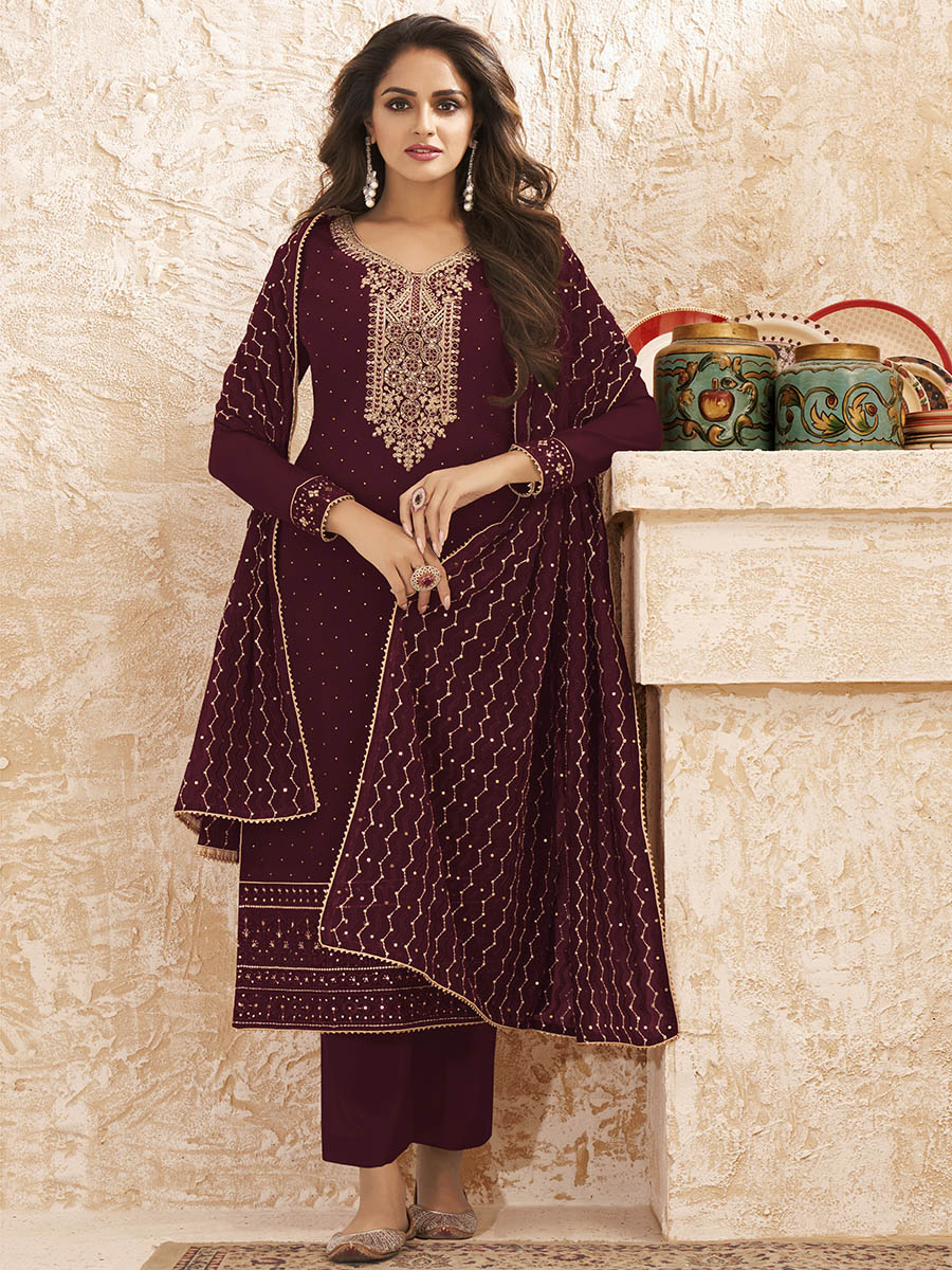 Myra Wine Emboidered Georgette Pant Style Suit - Distacart