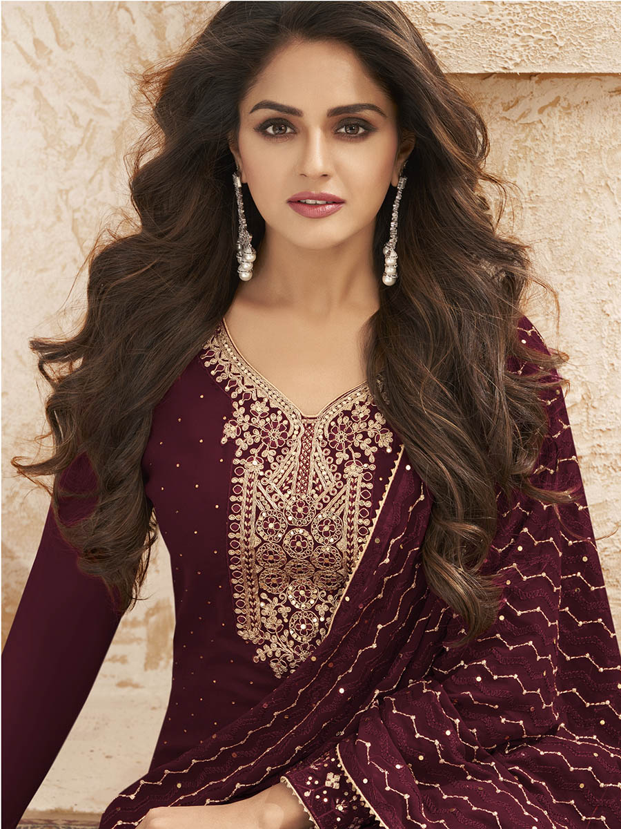 Myra Wine Emboidered Georgette Pant Style Suit - Distacart