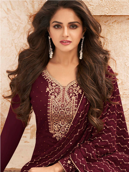 Myra Wine Emboidered Georgette Pant Style Suit - Distacart