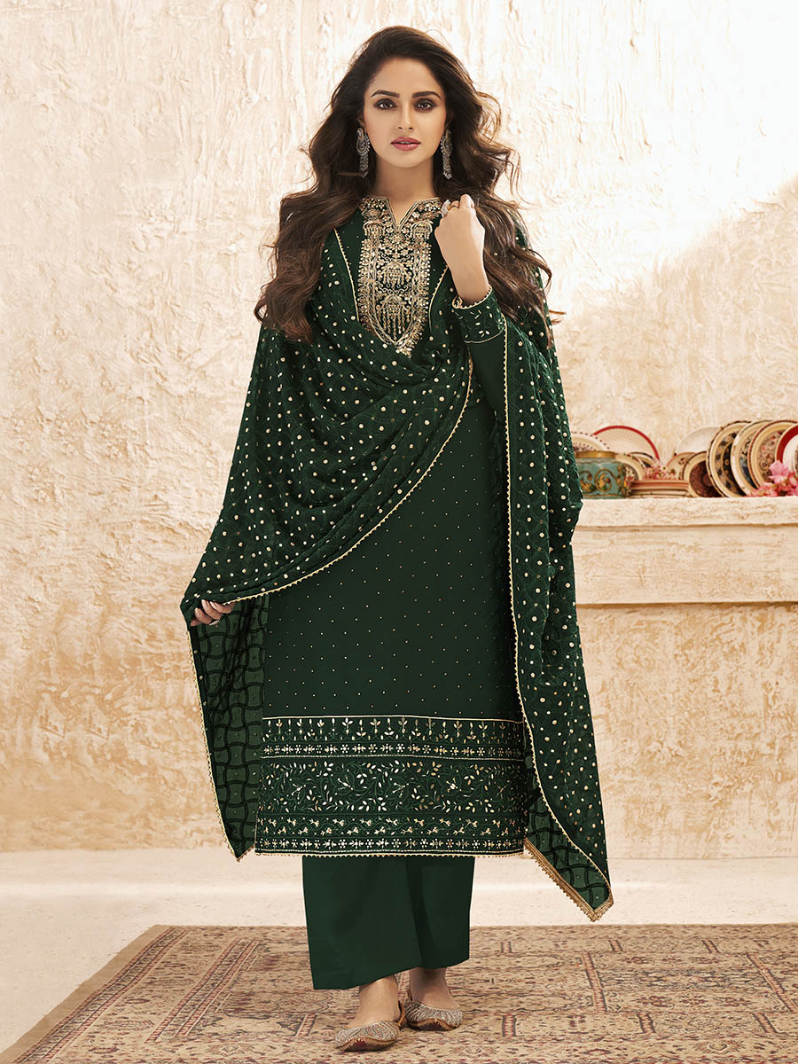 Myra Deep Green Emboidered Georgette Pant Style Suit - Distacart