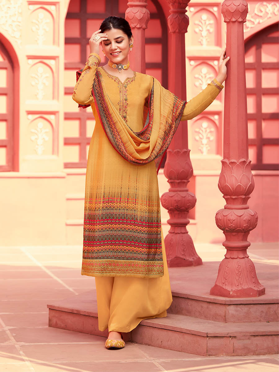 Myra Yellow Digital Print French Crepe Palazzo Suit