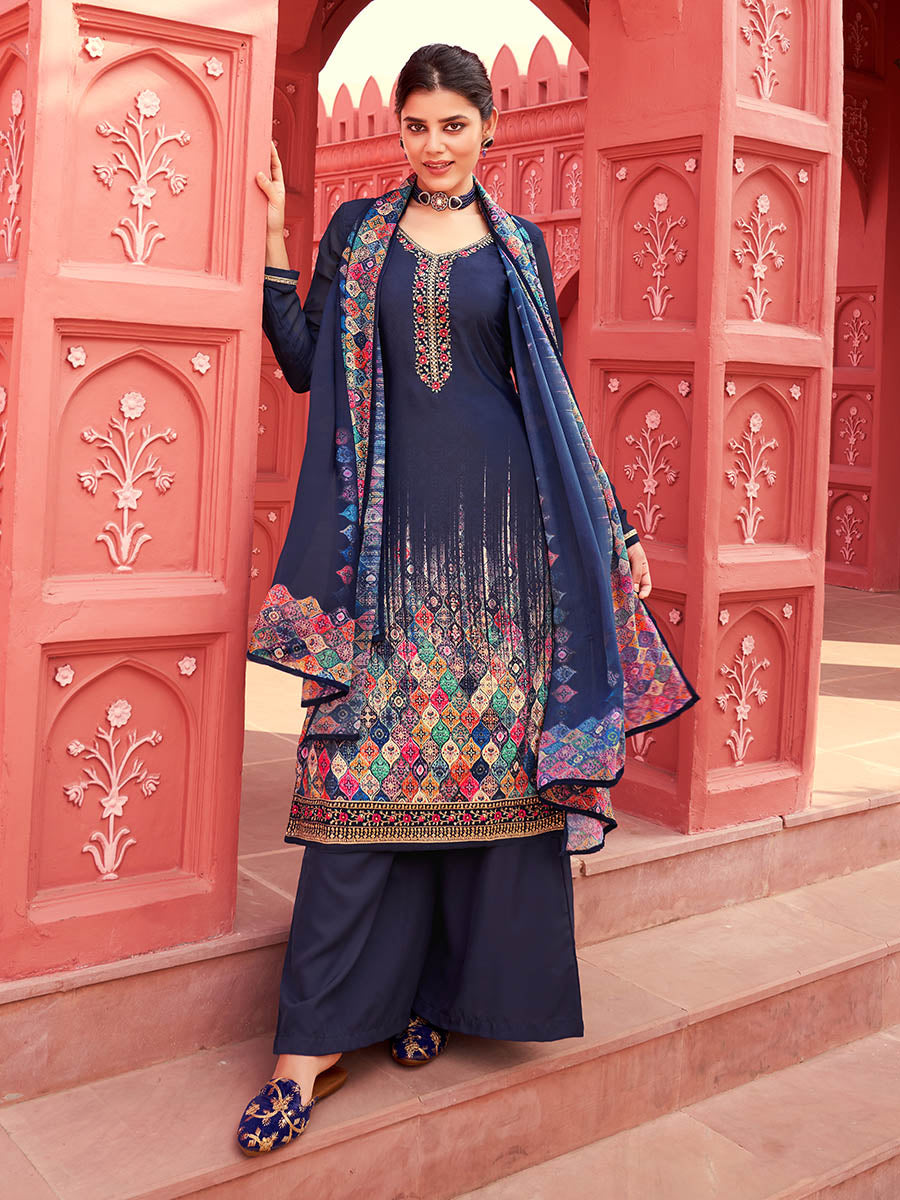 Myra Navy Blue Digital Print French Crepe Palazzo Suit
