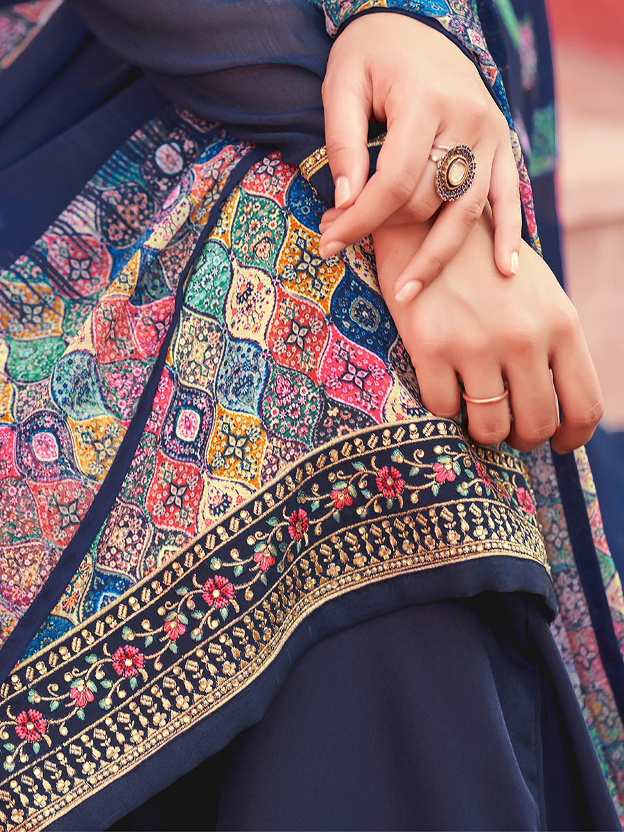 Myra Navy Blue Digital Print French Crepe Palazzo Suit