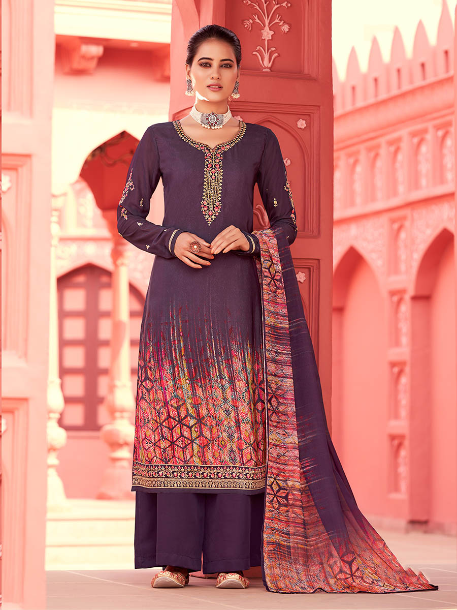 Myra Purple Digital Print French Crepe Palazzo Suit