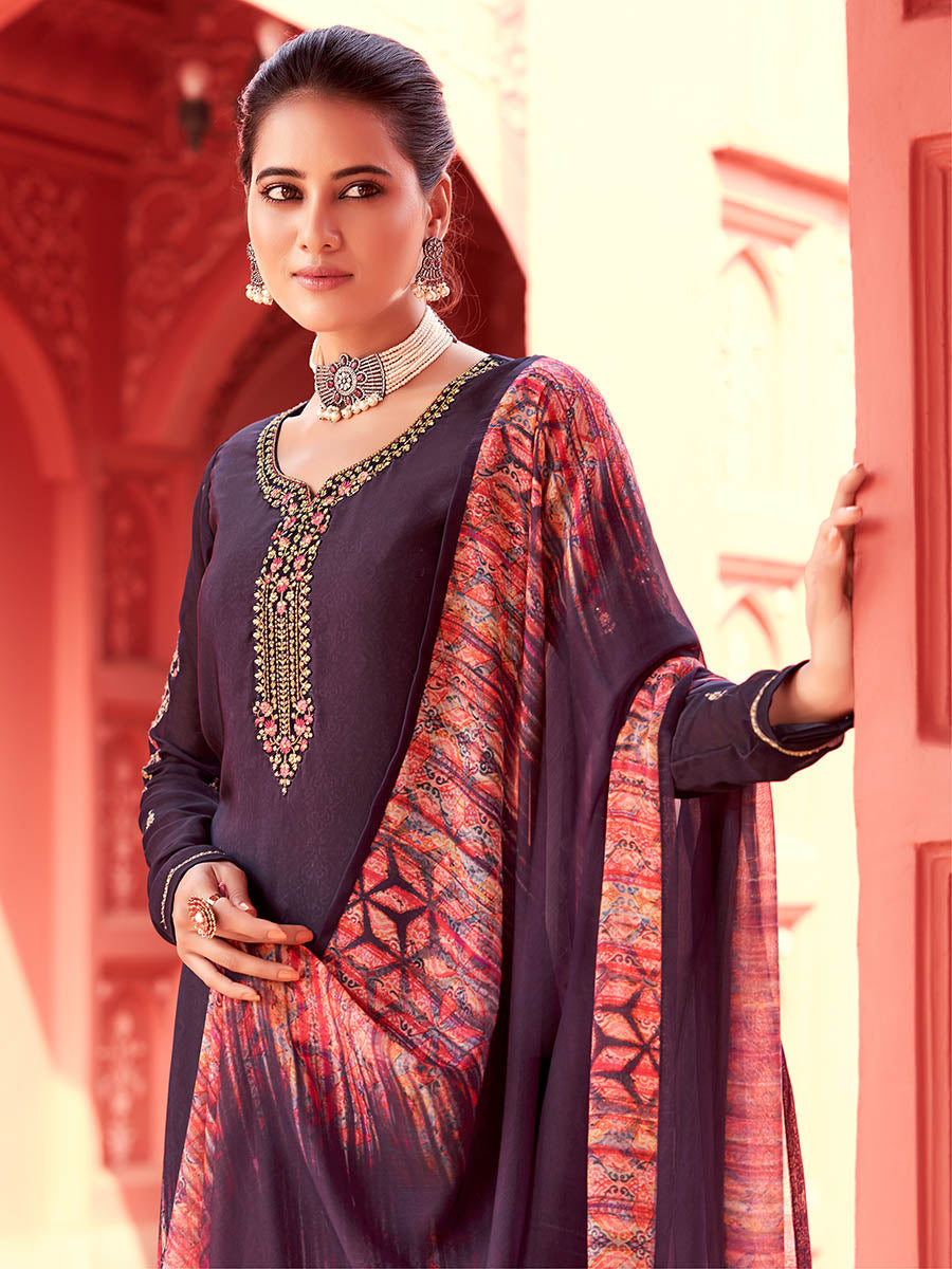 Myra Purple Digital Print French Crepe Palazzo Suit