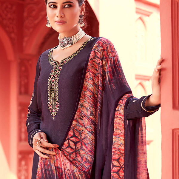 Myra Purple Digital Print French Crepe Palazzo Suit
