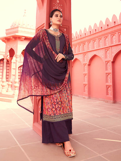 Myra Purple Digital Print French Crepe Palazzo Suit