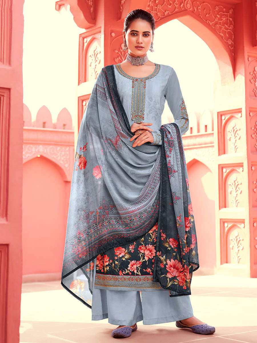Myra Grey Digital Print French Crepe Palazzo Suit