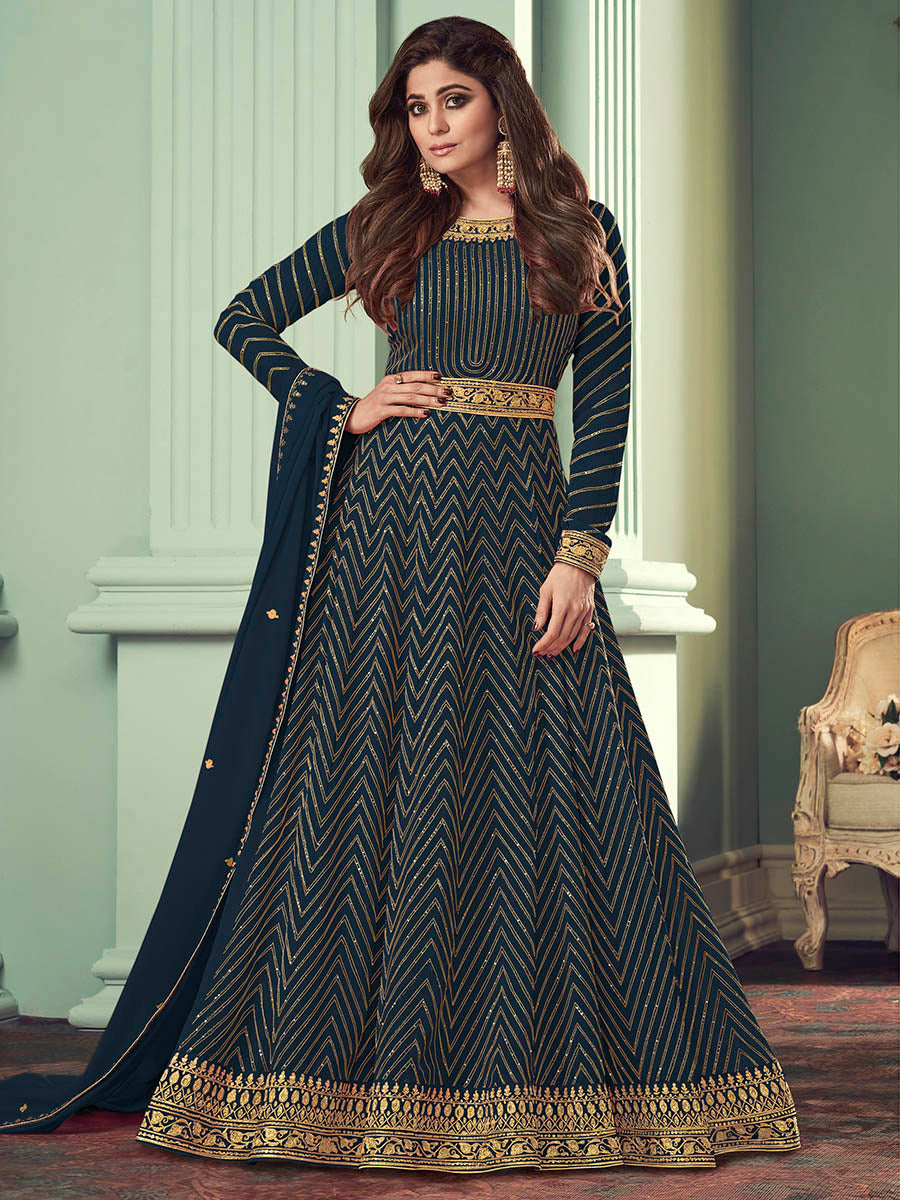 Myra Teal Real Georgette Embroidered Anarkali Suit