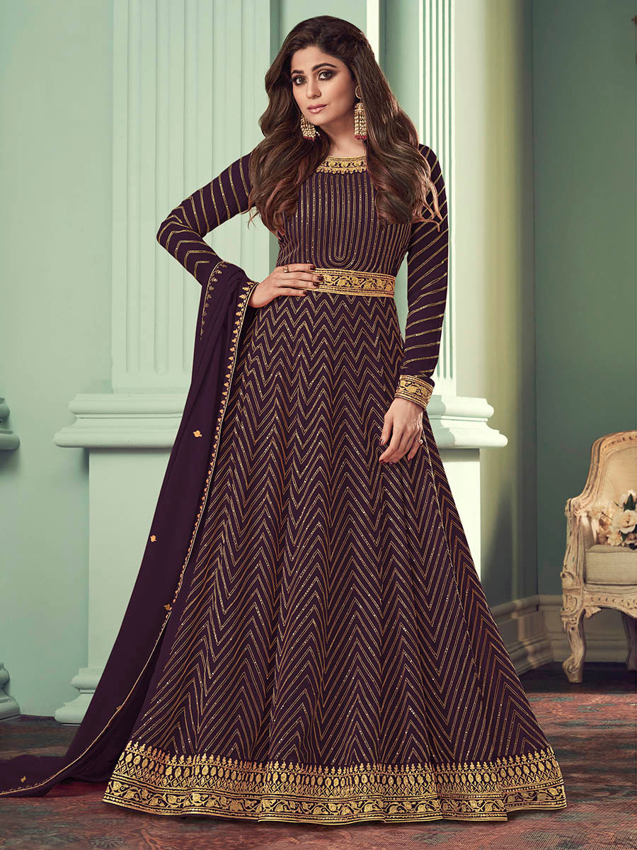 Myra Wine Real Georgette Embroidered Anarkali Suit