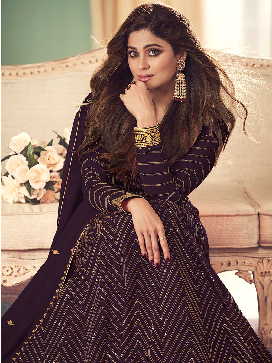 Myra Wine Real Georgette Embroidered Anarkali Suit