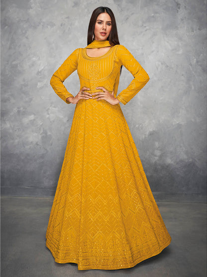 Myra Mustard Yellow Georgette Embroidered Anarkali Suit