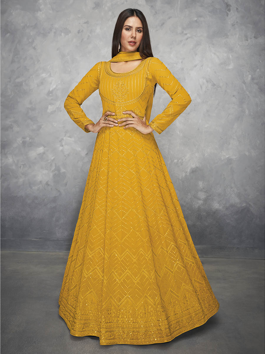 Myra Mustard Yellow Georgette Embroidered Anarkali Suit