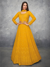 Thumbnail for Myra Mustard Yellow Georgette Embroidered Anarkali Suit