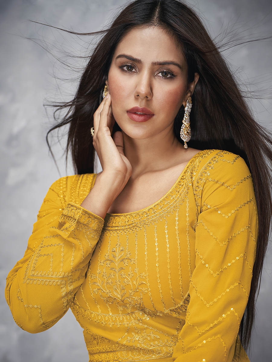 Myra Mustard Yellow Georgette Embroidered Anarkali Suit