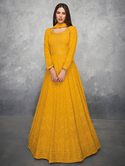 Myra Mustard Yellow Georgette Embroidered Anarkali Suit