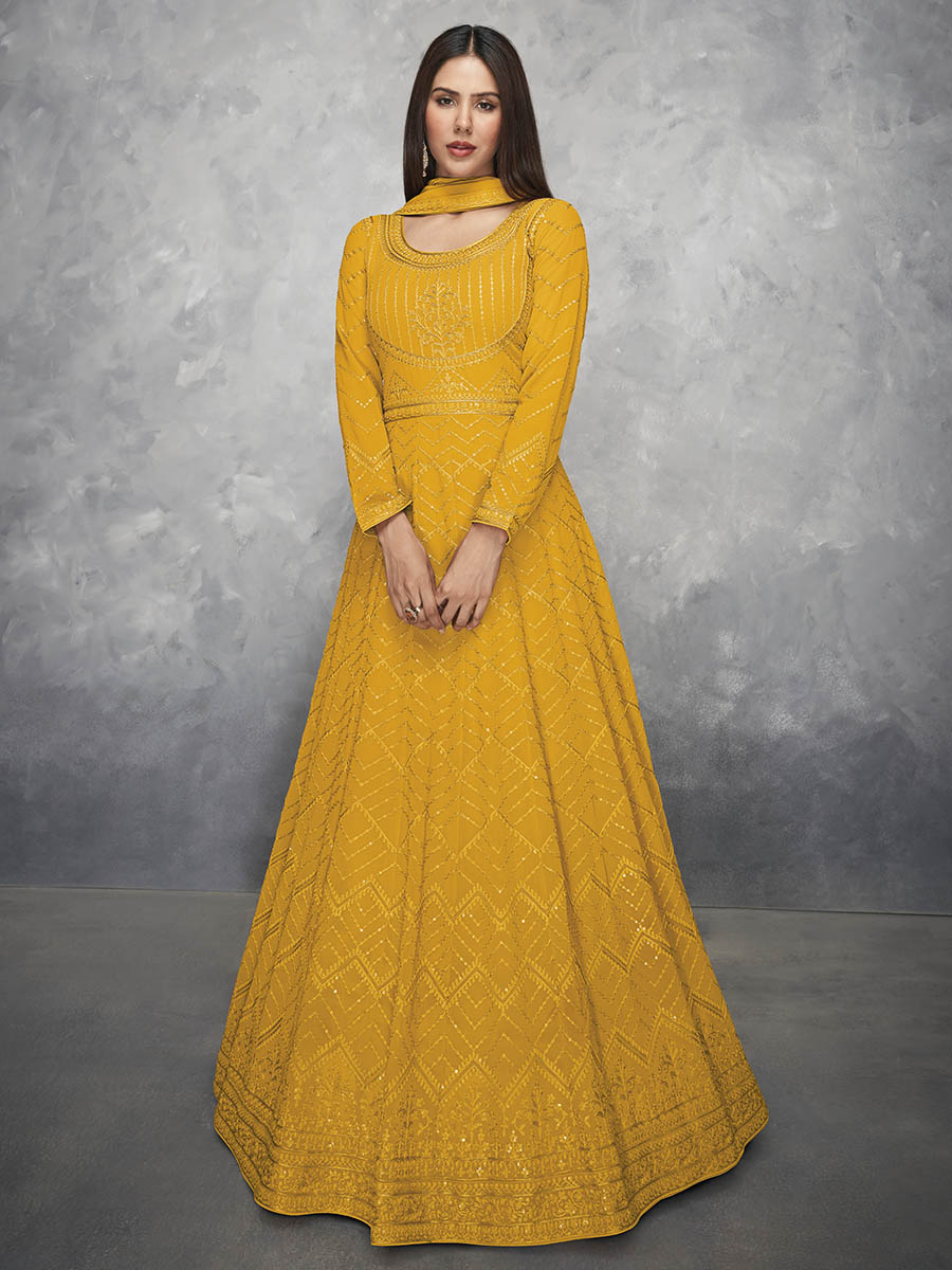 Myra Mustard Yellow Georgette Embroidered Anarkali Suit