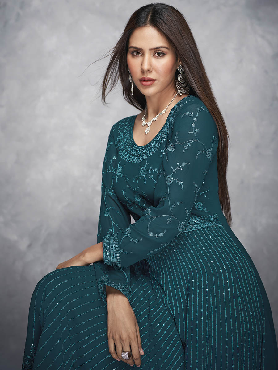 Myra Beautiful Teal Georgette Embroidered Anarkali Suit