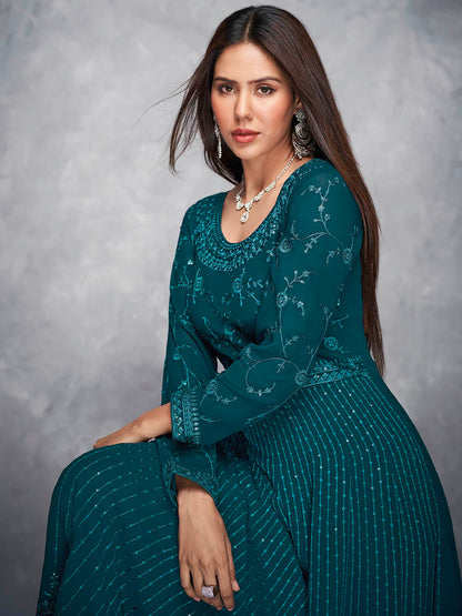 Myra Beautiful Teal Georgette Embroidered Anarkali Suit