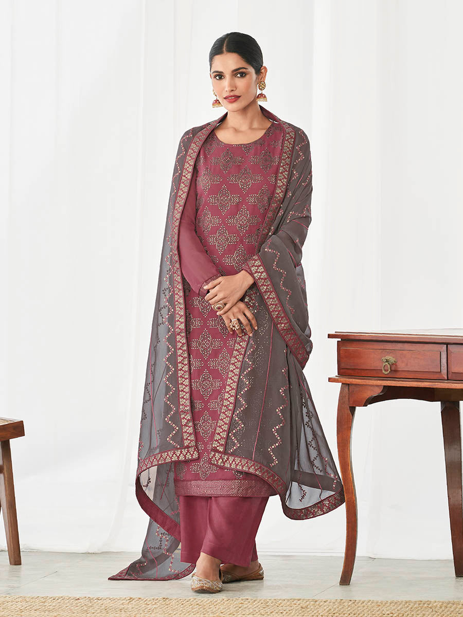 Myra Dusty Maroon and Dusty Grey Real Georgette Palazzo Style Suit